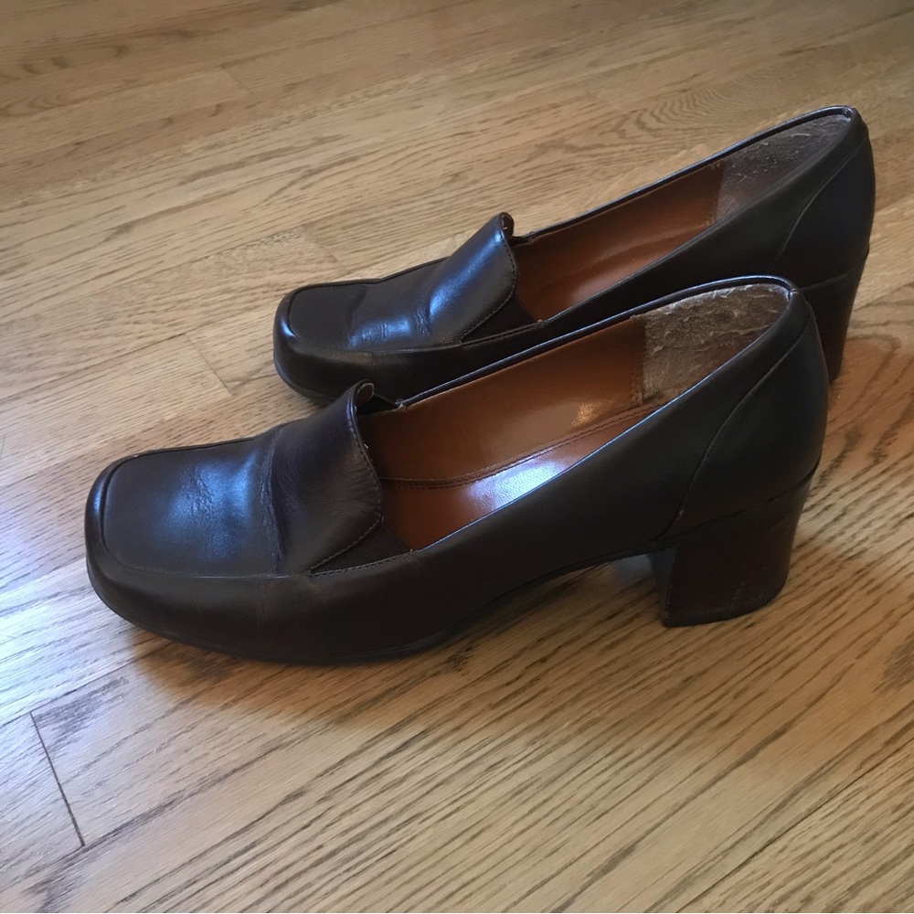 Brown leather stacked heel loafers.